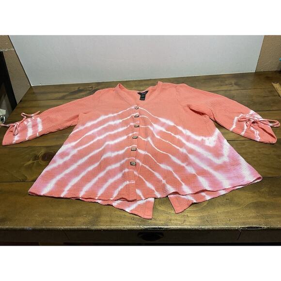 Ali Miles Shrimp Peach/White TIE DYE STRIPE Tunic Blouse Top 100% COTTON 1X - Picture 1 of 10